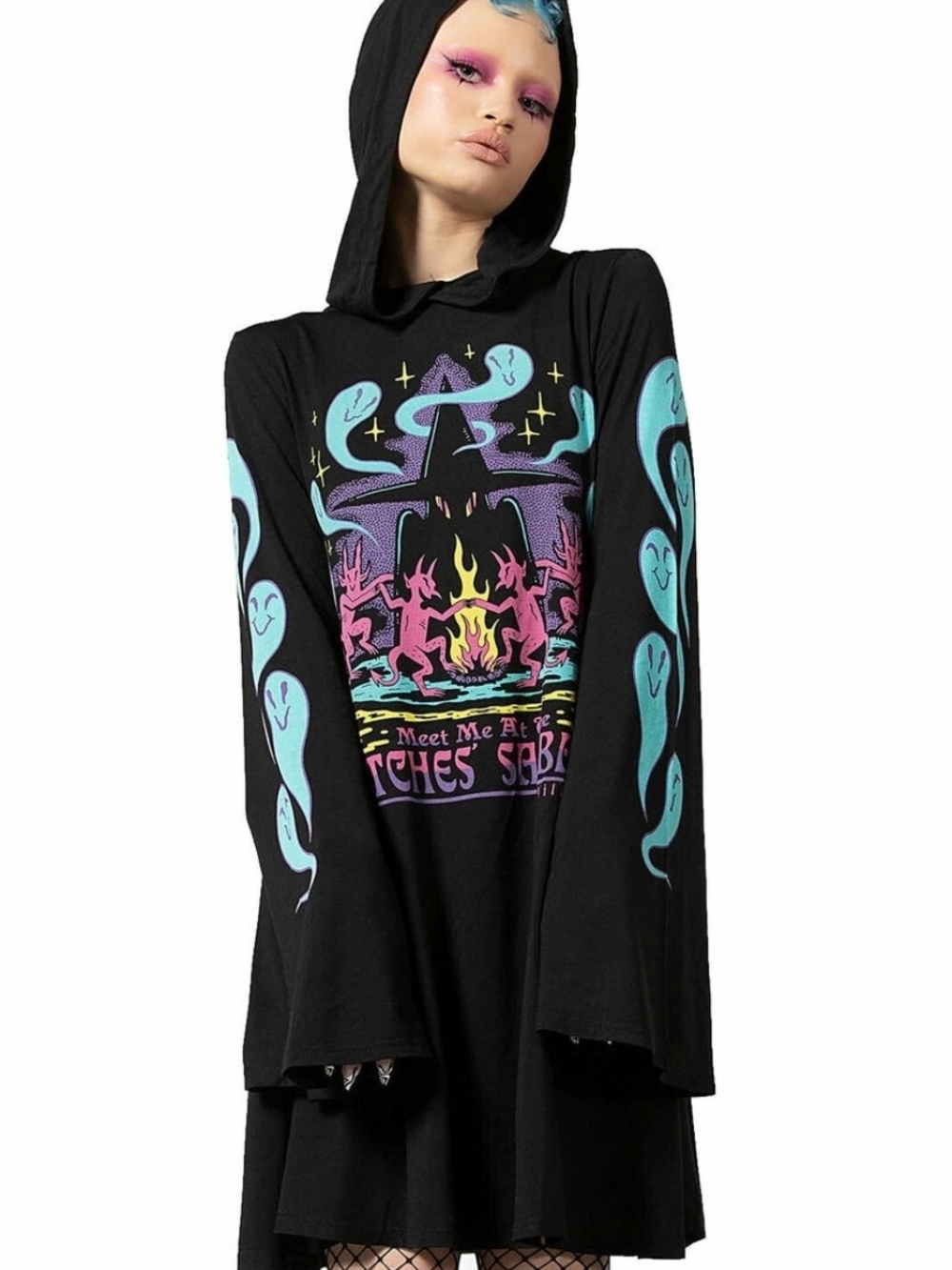 KILLSTAR (Dark Lady) Black Graphic Hooded Long-Sleeve Top with Sleeve Accents